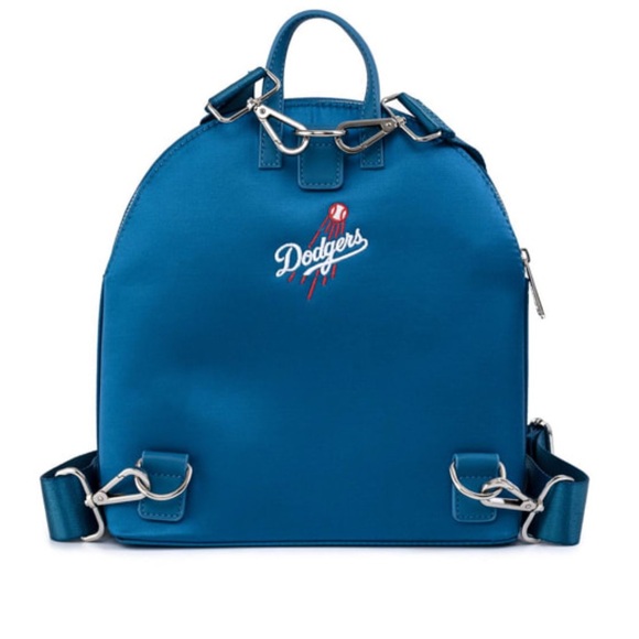 Loungefly MLB LA Los Angeles Dodgers Blue Satin Jacket Convertible Mini Backpack - Picture 6 of 11